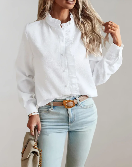 Elegant Ruffle Trim Blouse | Chic Button-Up Long Sleeve Shirt - Aulerien