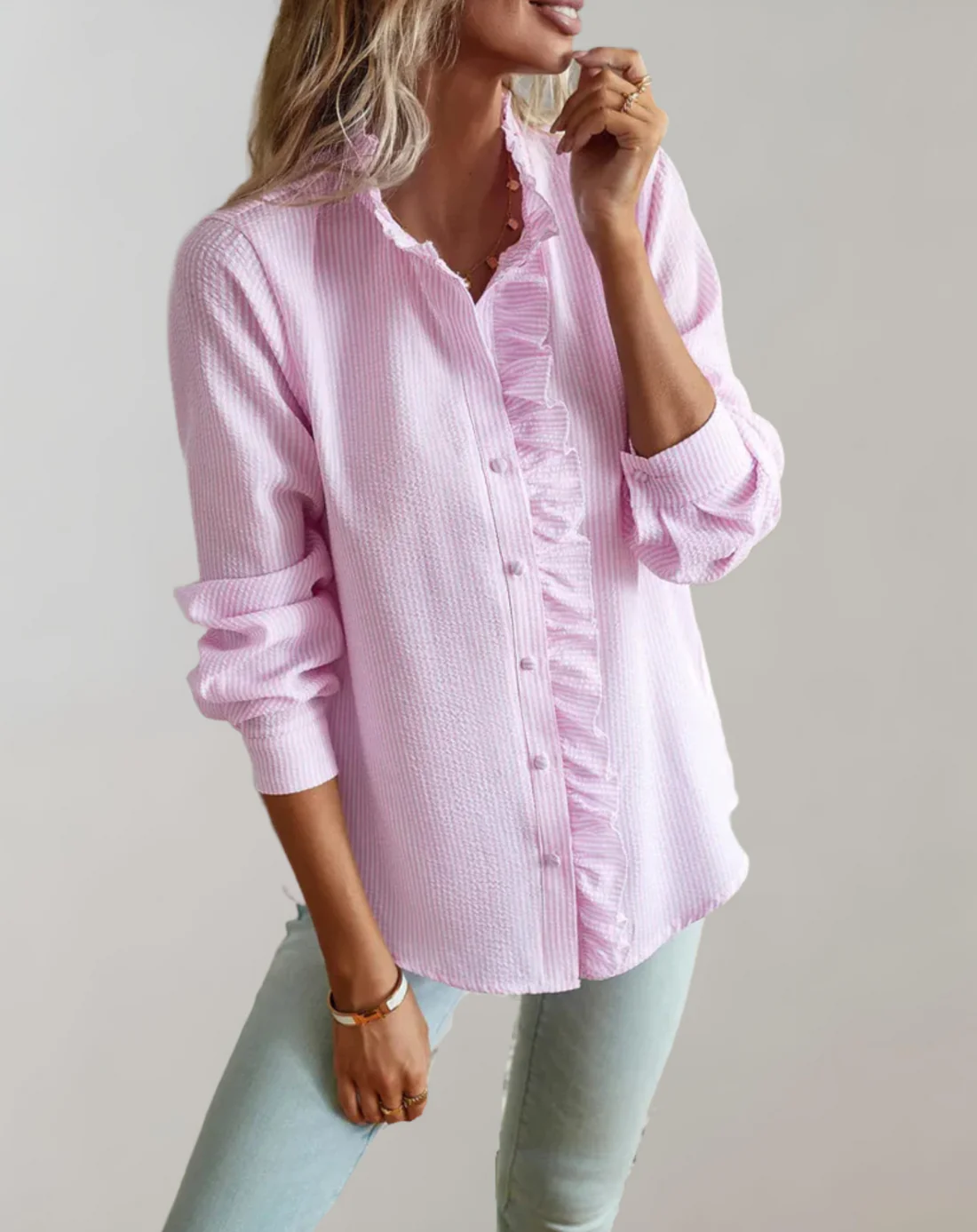 Elegant Ruffle Trim Blouse | Chic Button-Up Long Sleeve Shirt - Aulerien