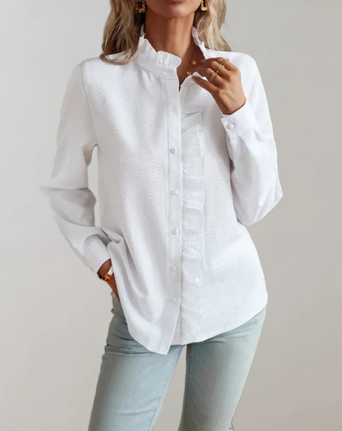 Elegant Ruffle Trim Blouse | Chic Button-Up Long Sleeve Shirt - Aulerien