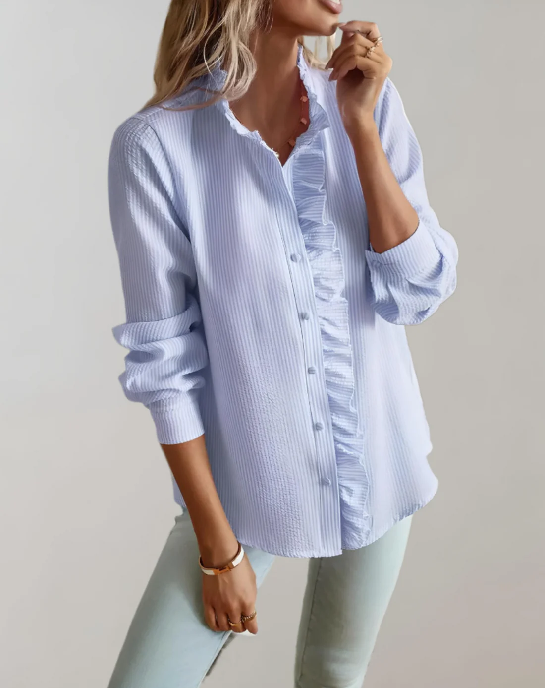 Elegant Ruffle Trim Blouse | Chic Button-Up Long Sleeve Shirt - Aulerien