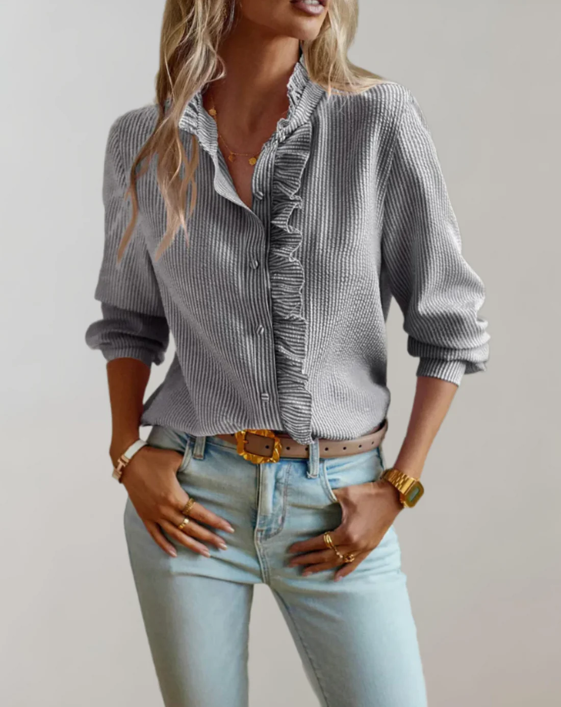 Elegant Ruffle Trim Blouse | Chic Button-Up Long Sleeve Shirt - Aulerien