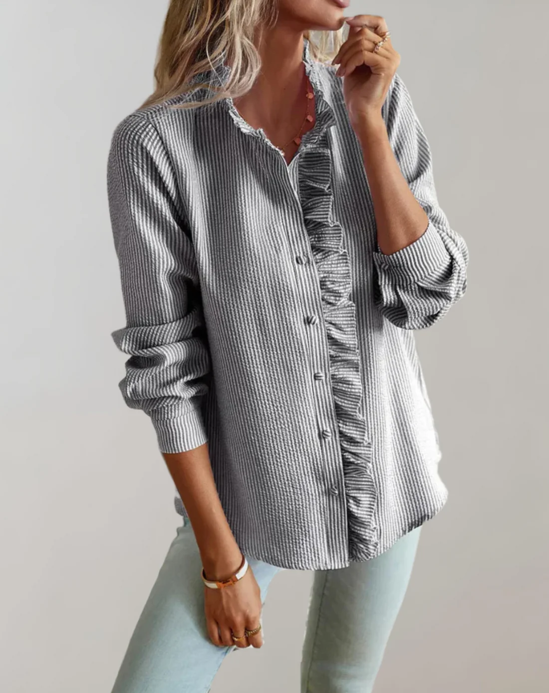 Elegant Ruffle Trim Blouse | Chic Button-Up Long Sleeve Shirt - Aulerien